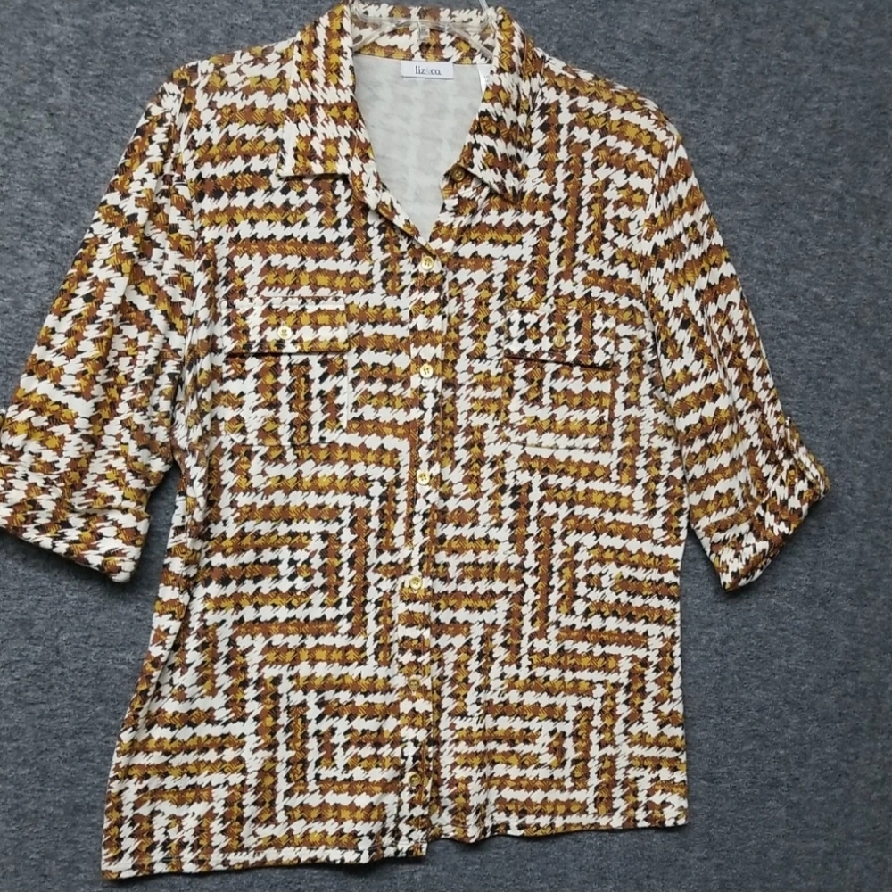 Liz & Co Blouse Top Women's Short Roll Tab Sleeve Size XL